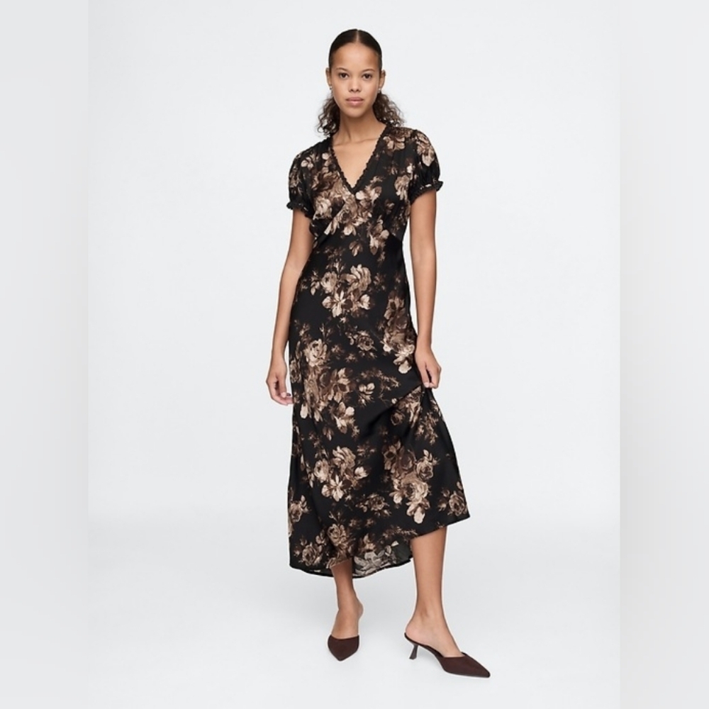 Gap Satin Lace-Trim Floral Maxi Dress Black And Grey Floral